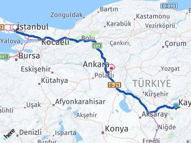 Kayseri Hacılar İstanbul Arası Kaç Km - Yol Haritası