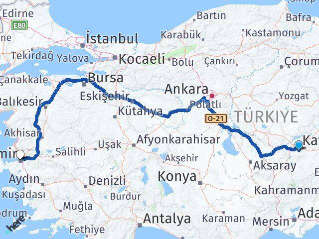 Kayseri Hacılar İzmir Arası Kaç Km - Yol Haritası