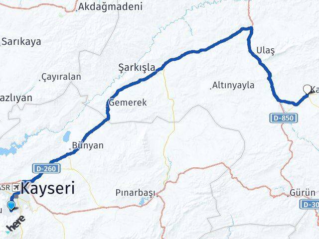 Kayseri Hacılar Kangal Sivas Arası Kaç Km - Yol Haritası
