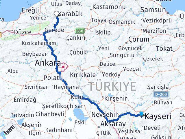 Kayseri Hacılar Karabük Arası Kaç Km - Yol Haritası