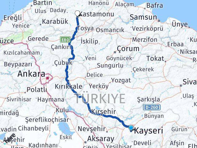 Kayseri Hacılar Kastamonu Arası Kaç Km - Yol Haritası