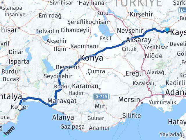 Kayseri Hacılar Kemer Antalya Arası Kaç Km - Yol Haritası