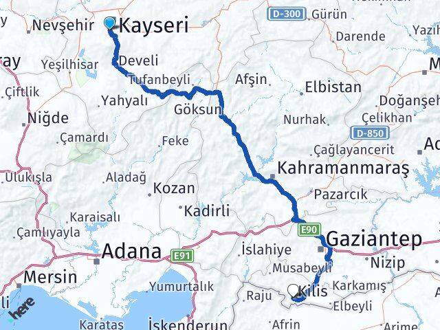 Kayseri Hacılar Kilis Arası Kaç Km - Yol Haritası