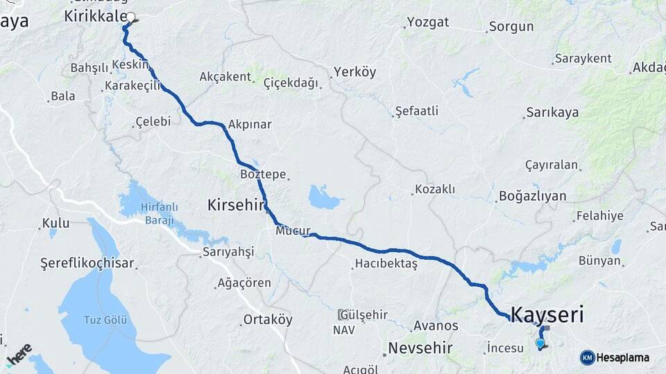 Kayseri Hacılar Kırıkkale Arası Kaç Km - Yol Haritası