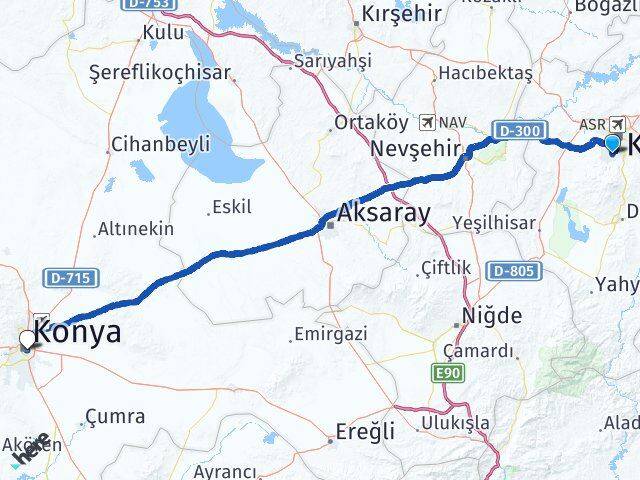 Kayseri Hacılar Konya Arası Kaç Km - Yol Haritası