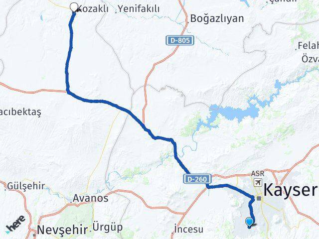 Kayseri Hacılar Kozaklı Nevşehir Arası Kaç Km - Yol Haritası