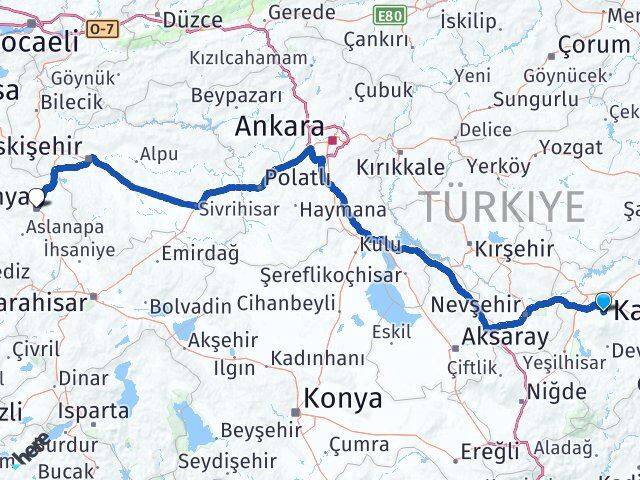 Kayseri Hacılar Kütahya Arası Kaç Km - Yol Haritası