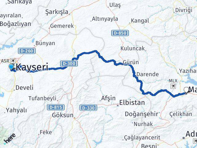 Kayseri Hacılar Malatya Arası Kaç Km - Yol Haritası