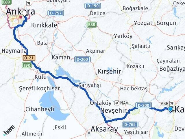 Kayseri Hacılar Mamak Ankara Arası Kaç Km - Yol Haritası