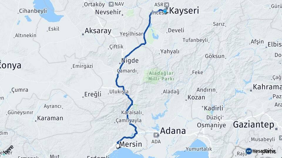 Kayseri Hacılar Mersin Arası Kaç Km - Yol Haritası