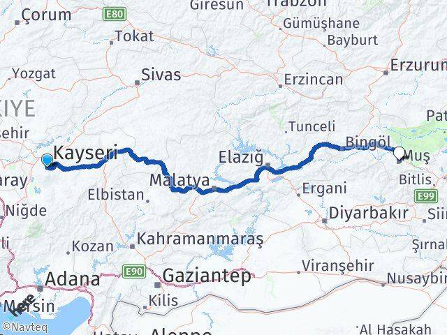 Kayseri Hacılar Muş Arası Kaç Km - Yol Haritası