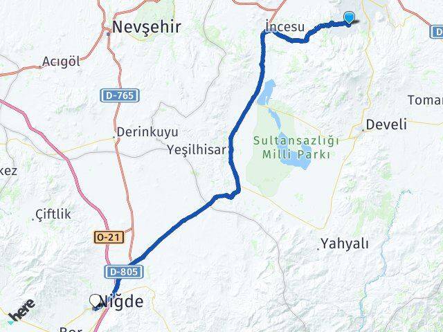 Kayseri Hacılar Niğde Arası Kaç Km - Yol Haritası