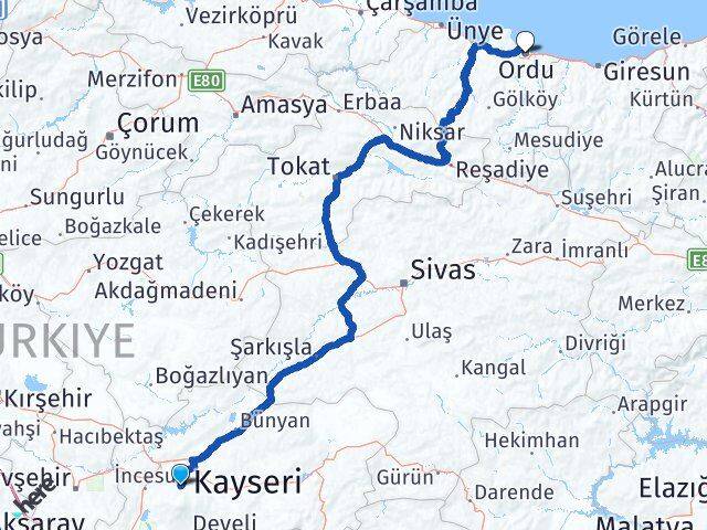 Kayseri Hacılar Ordu Arası Kaç Km - Yol Haritası