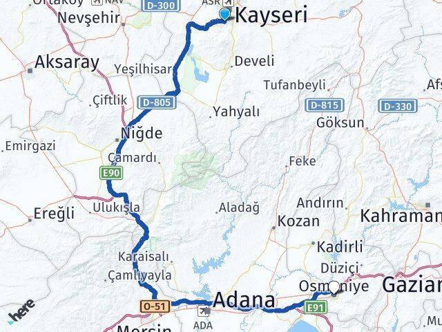 Kayseri Hacılar Osmaniye Arası Kaç Km - Yol Haritası
