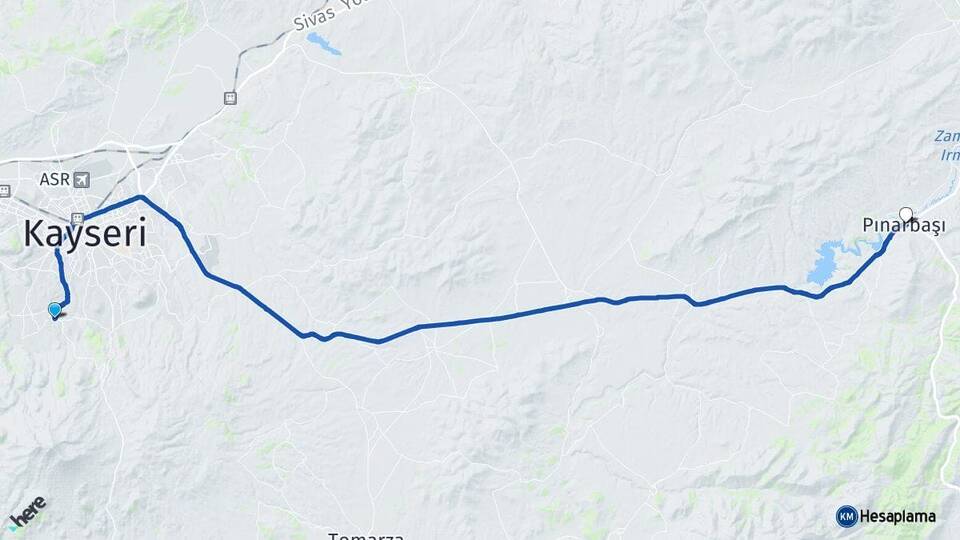 Kayseri Hacılar Pınarbaşı Arası Kaç Km - Yol Haritası
