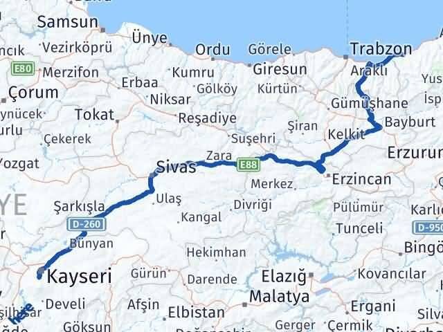 Kayseri Hacılar Rize Arası Kaç Km - Yol Haritası