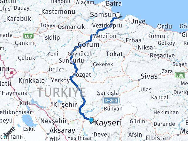 Kayseri Hacılar Samsun Arası Kaç Km - Yol Haritası