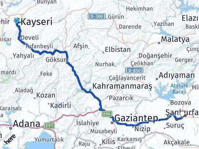 Kayseri Hacılar Şanlıurfa Arası Kaç Km - Yol Haritası