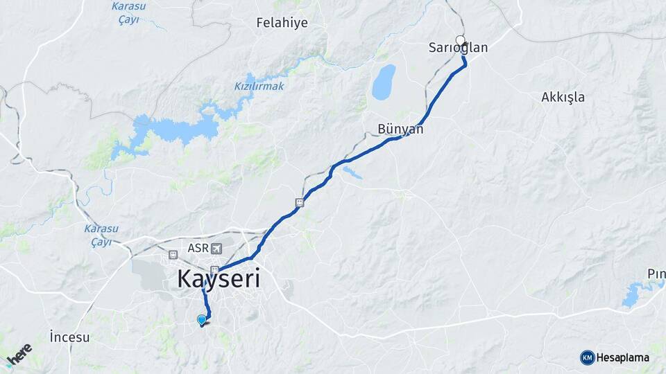Kayseri Hacılar Sarıoğlan Arası Kaç Km - Yol Haritası