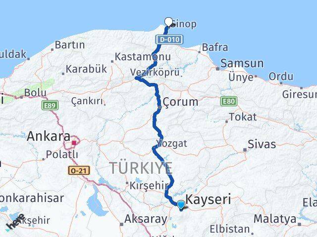 Kayseri Hacılar Sinop Arası Kaç Km - Yol Haritası