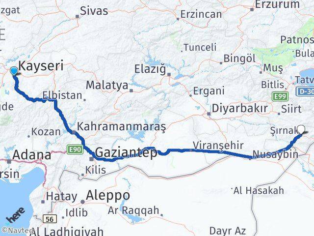 Kayseri Hacılar Şırnak Arası Kaç Km - Yol Haritası