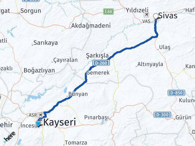 Kayseri Hacılar Sivas Arası Kaç Km - Yol Haritası