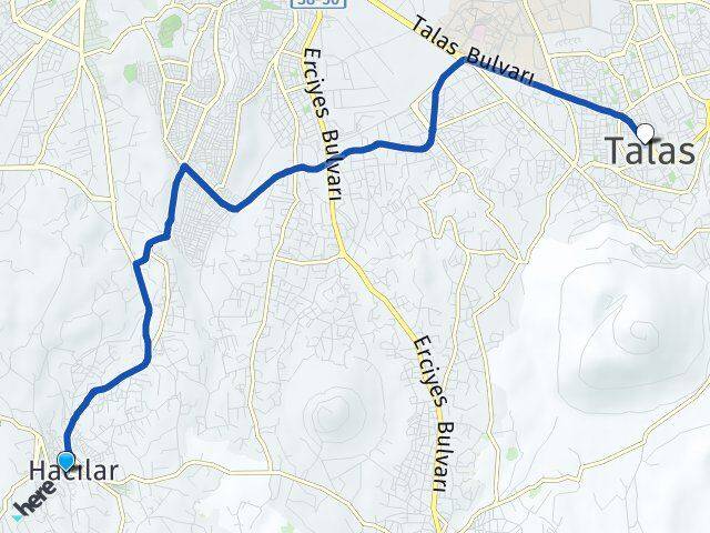 Kayseri Hacılar Talas Arası Kaç Km - Yol Haritası