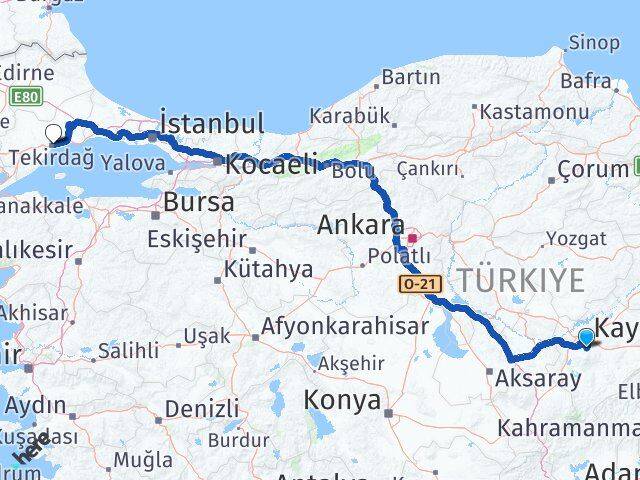 Kayseri Hacılar Tekirdağ Arası Kaç Km - Yol Haritası