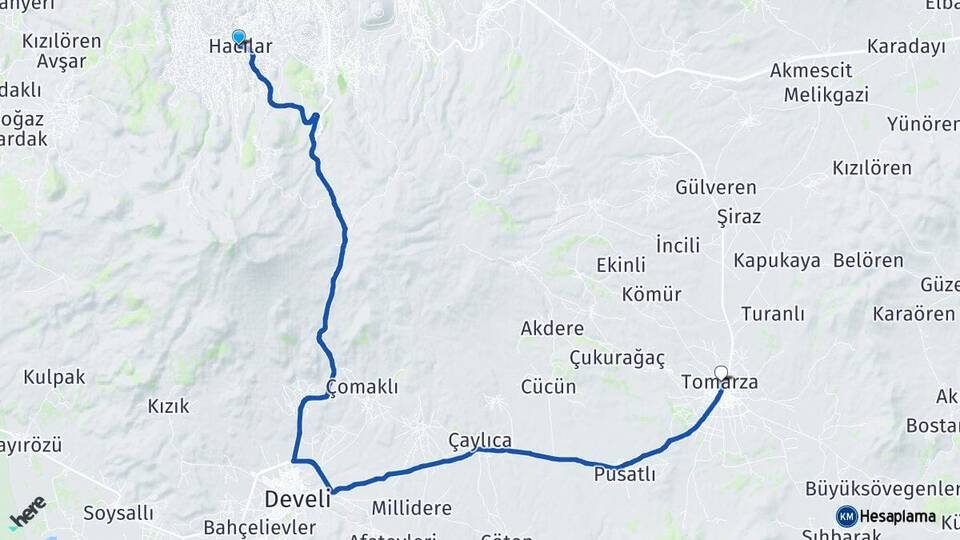Kayseri Hacılar Tomarza Arası Kaç Km - Yol Haritası
