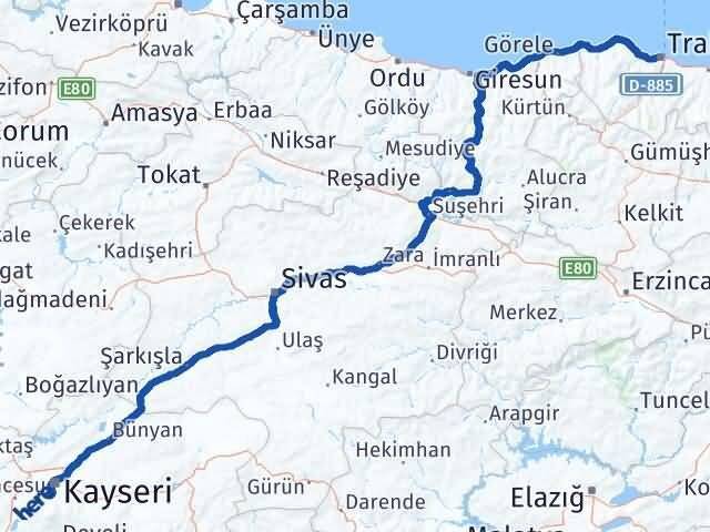Kayseri Hacılar Trabzon Arası Kaç Km - Yol Haritası
