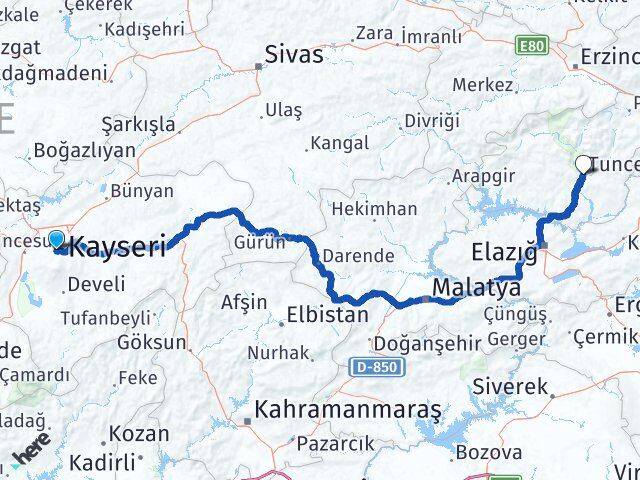 Kayseri Hacılar Tunceli Arası Kaç Km - Yol Haritası