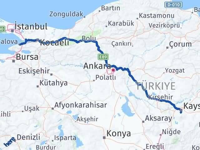 Kayseri Hacılar Yalova Arası Kaç Km - Yol Haritası