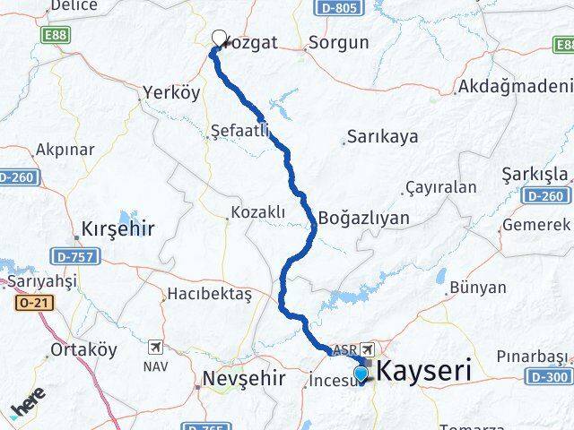 Kayseri Hacılar Yozgat Arası Kaç Km - Yol Haritası
