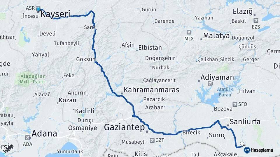Kayseri Harran Şanlıurfa Arası Kaç Km - Yol Haritası