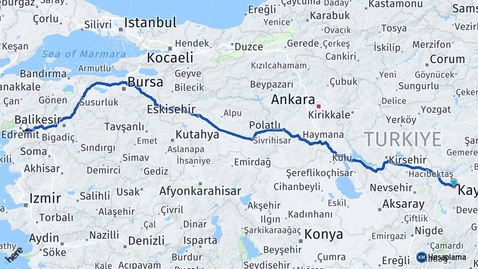 Kayseri Havran Balıkesir Arası Kaç Km - Yol Haritası
