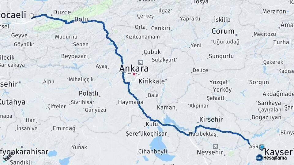 Kayseri Hendek Sakarya Arası Kaç Km - Yol Haritası