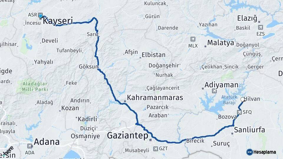 Kayseri Hilvan Şanlıurfa Arası Kaç Km - Yol Haritası