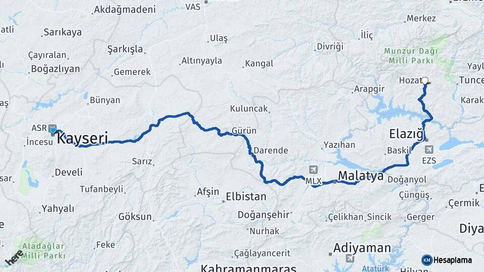 Kayseri Hozat Tunceli Arası Kaç Km - Yol Haritası