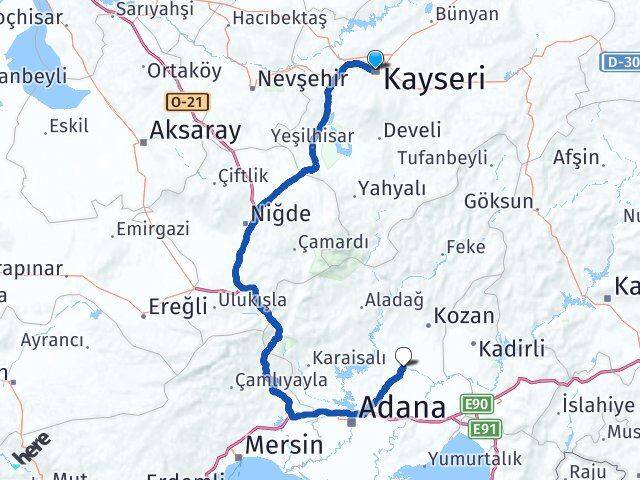 Kayseri İmamoğlu Adana Arası Kaç Km - Yol Haritası