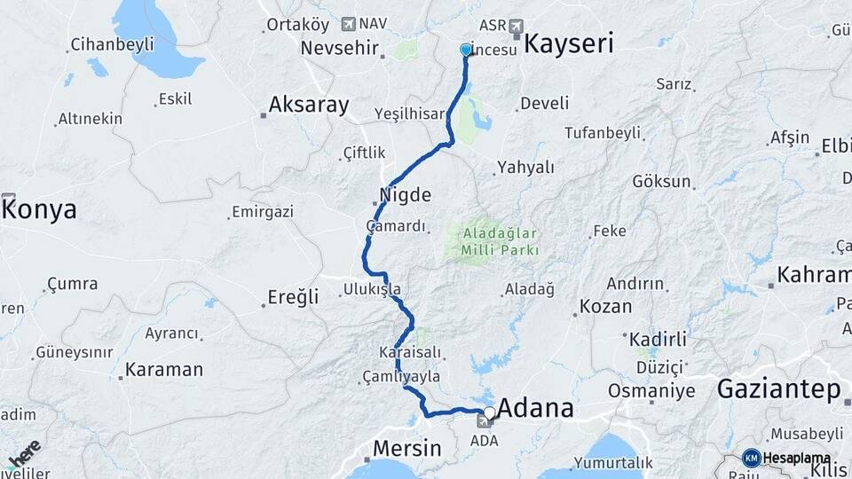 Kayseri İncesu Adana Arası Kaç Km - Yol Haritası