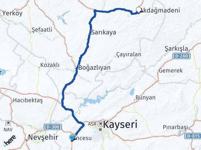 Kayseri İncesu Akdağmadeni Yozgat Arası Kaç Km - Yol Haritası