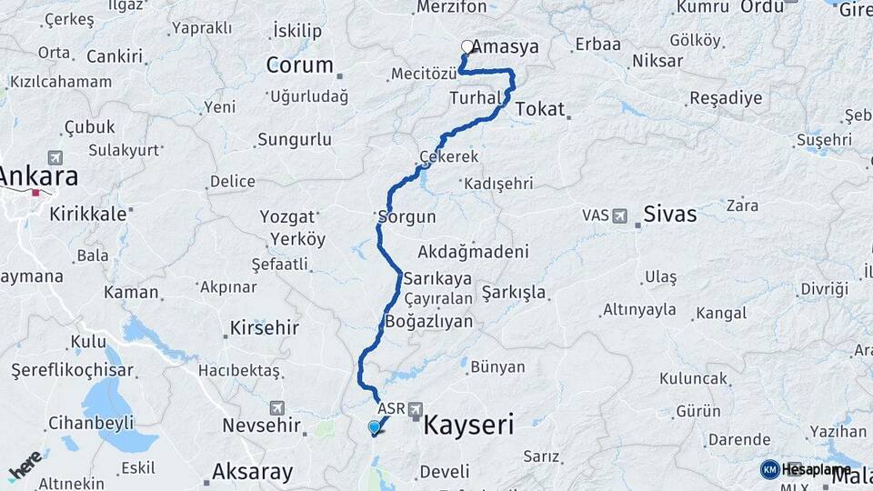 Kayseri İncesu Amasya Arası Kaç Km - Yol Haritası