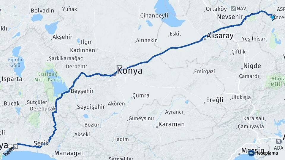 Kayseri İncesu Antalya Arası Kaç Km - Yol Haritası