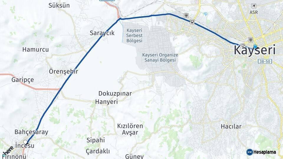 Kayseri İncesu Arası Kaç Km - Yol Haritası