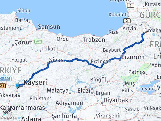 Kayseri İncesu Ardahan Arası Kaç Km - Yol Haritası