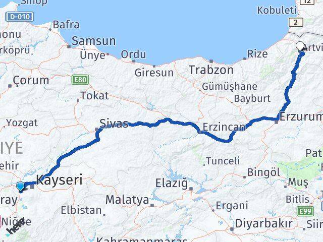 Kayseri İncesu Artvin Arası Kaç Km - Yol Haritası