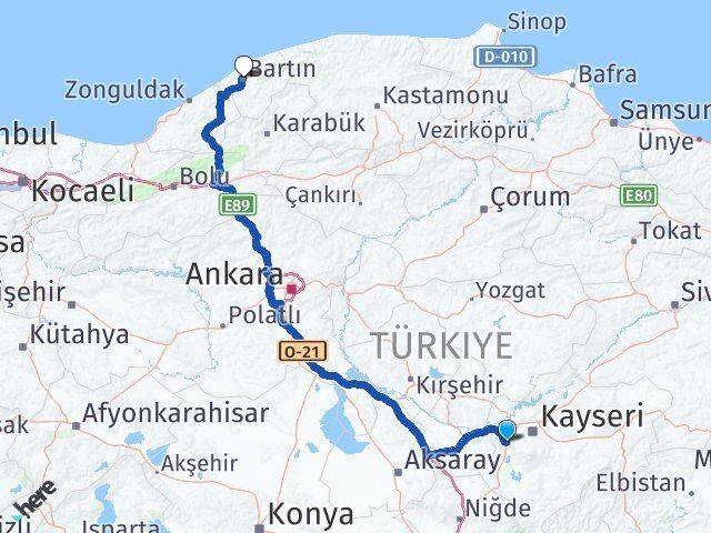 Kayseri İncesu Bartın Arası Kaç Km - Yol Haritası