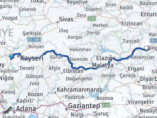 Kayseri İncesu Bingöl Arası Kaç Km - Yol Haritası