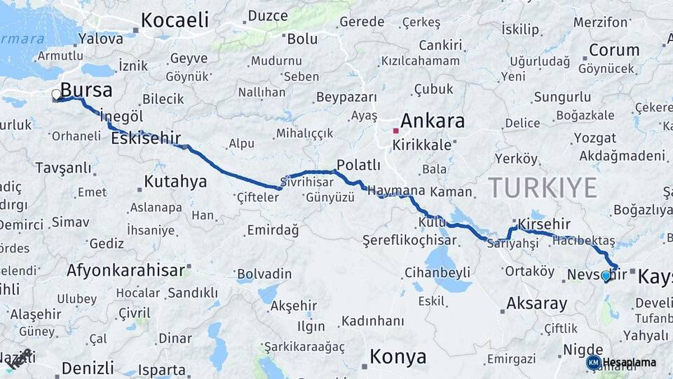 Kayseri İncesu Bursa Arası Kaç Km - Yol Haritası