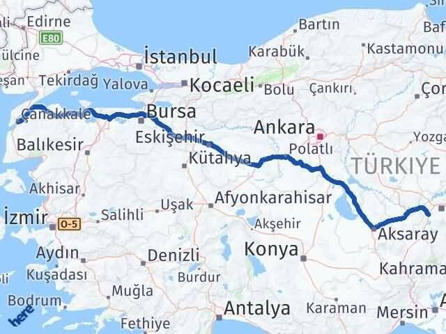 Kayseri İncesu Çanakkale Arası Kaç Km - Yol Haritası